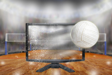 Volleyball Flying Out of TV Screen in Arena