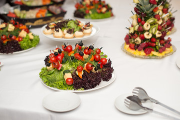 Set of tasty canape, on a plate of greens, tomatoes, peppers, cheese.