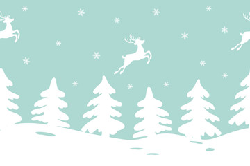 Winter landscape with fir trees and deers. Seamless border. It can be used for Christmas and New Year decoration, as a background for the websites, packing, fabrics. Vector illustration.