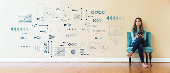 Technology arrow screen with young woman holding a tablet computer