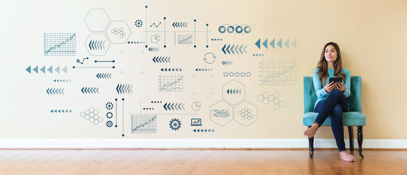 Technology arrow screen with young woman holding a tablet computer