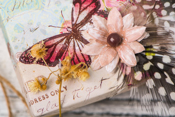 Close up of a decorated gift box in shabby chic style