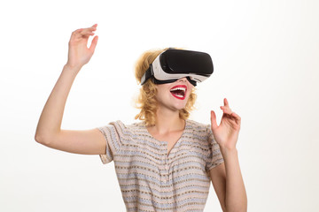 Virtual reality and future of presentations. Best virtual reality headset. Virtual reality glasses for smartphone. Excited girl in VR goggles. Future technology. Girl using 3d goggles virtual reality.
