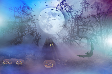 Halloween background with pumpkin graveyard and gloomy autumn trees