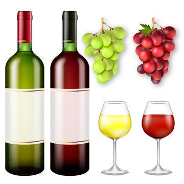 Realistic bunches of grapes and bottles of wine