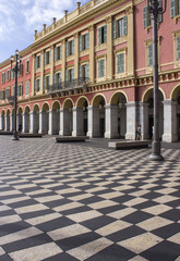 Fototapeta na wymiar the famous place Massena in Nice, france, with its chess flooring