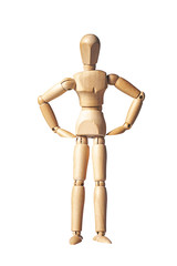Wooden artist mannequin isolated on a white background with arms on hips