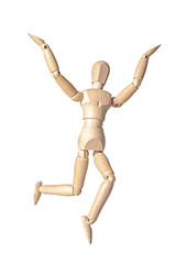 A wooden mannequin is happy jumping up and raising it's hands up, isolated on white background