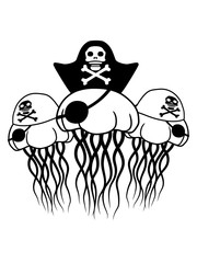 kapitän 3 freunde party team crew pirat seeräuber matrose hut schön qualle schwimmen unterwasser ekelig glibbrig tauchen taucher tier fangarme comic cartoon clipart