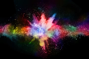 Foto op Plexiglas abstract colored dust explosion on a black background.abstract powder splatted background,Freeze motion of color powder exploding/throwing color powder, multicolored glitter texture. © kitsana