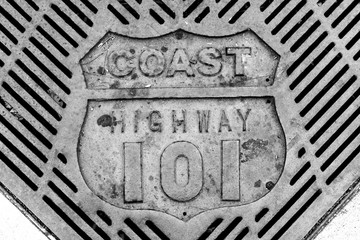 Retro old vintage coast highway 101 grate close-up in black and white