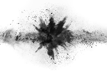 particles of charcoal on white background,abstract powder splatted on white background,Freeze motion of black powder exploding or throwing black powder. - obrazy, fototapety, plakaty
