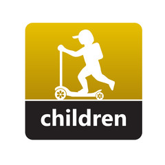 Boy or kid on scooter sign with children  label for print and digital content