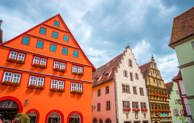 Beautiful streets in Rothenburg ob der Tauber with traditional German houses, Bavaria, Germany