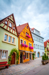 Beautiful streets in Rothenburg ob der Tauber with traditional German houses, Bavaria, Germany
