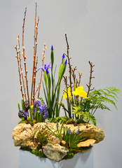 A rustic spring floral arrangement with rocks and pussy willows.