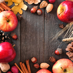Autumn square frame of apples and fall ingredients on a rustic wood background with copy space © Jenifoto