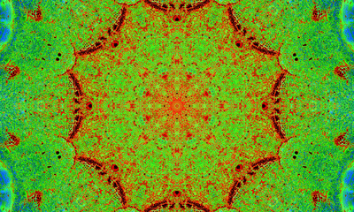 Very detailed mandala with orange and green patterns.