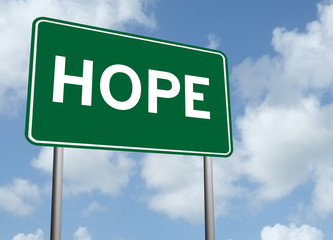 Hope sign on blue sky background