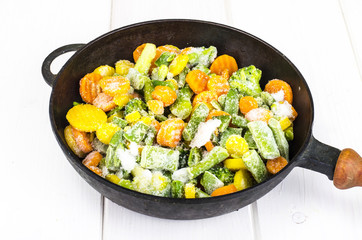 Frying pan with frozen vegetables