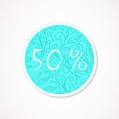 50 percent discounts inscription on decorative round backgrounds with abstract pattern. Hand drawn lettering. Vector illustration