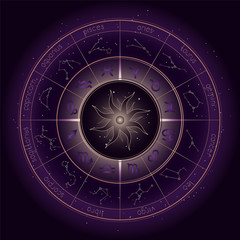 Vector illustration with Horoscope circle, Zodiac symbols and astrology constellations on the starry night sky background with geometry pattern. Gold and purple elements. Vector.