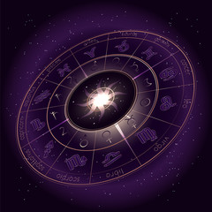 Vector illustration with Horoscope circle, Zodiac symbols and astrology constellations on the starry night sky background. Image in perspective. Vector.