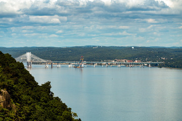 A unique look at the Tappan Zee bridge across the Hudson river from a nature overlook. 