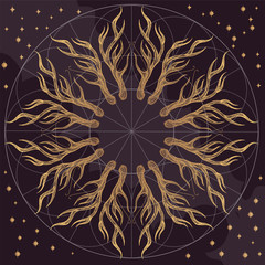 Golden round ornament with deer antlers on dark background.