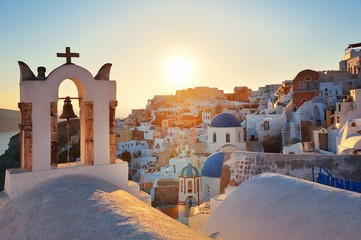 Santorini skyline sunset bell