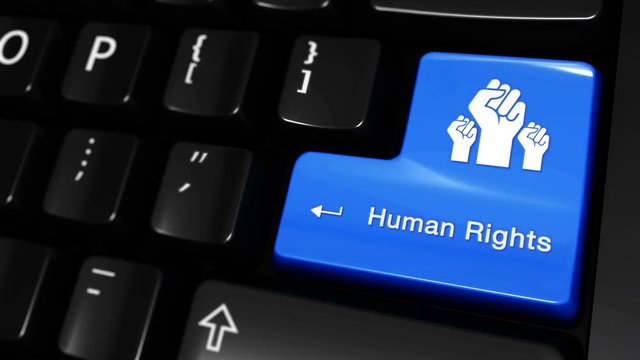 455. Human Rights Moving Motion On Blue Enter Button On Modern Computer Keyboard with Text and icon Labeled. Selected Focus Key is Pressing Animation.