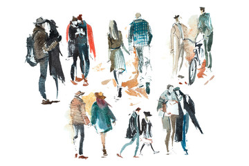 Fototapeta na wymiar Walking people Outerwear Autumn Watercolor illustration Sketch drawing