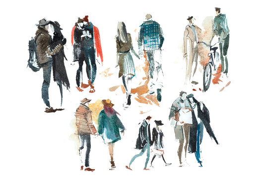 Walking people Outerwear Autumn Watercolor illustration Sketch drawing