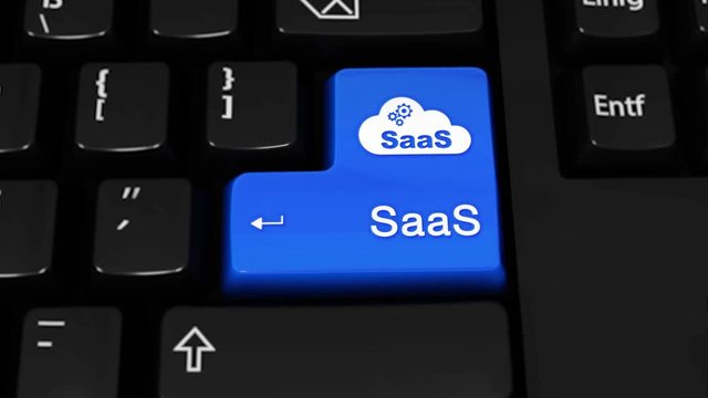 486. Saas Rotation Motion On Blue Enter Button On Modern Computer Keyboard with Text and icon Labeled. Selected Focus Key is Pressing Animation. software development Concept