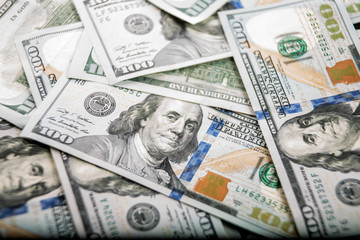 Dollars Closeup Concept. American Dollars Cash Money. One Hundred Dollar Banknotes.