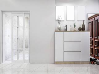 Shoe cabinet at the entrance of the house, glass door between the living room and the kitchen