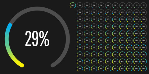 Fototapeta na wymiar Set of circular sector percentage diagrams from 0 to 100 ready-to-use for web design, user interface (UI) or infographic - indicator with gradient from yellow to cyan (blue)