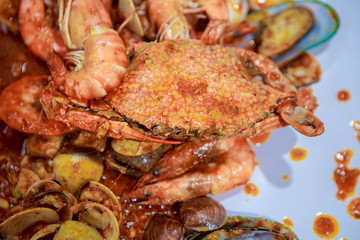 Family eating seafood