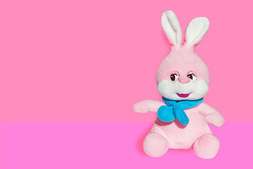 Soft toy pink Bunny with blue scarf isolated on colored background 

