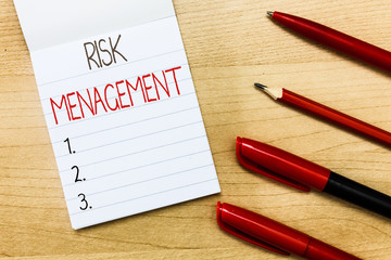 Conceptual hand writing showing Risk Management. Business photo text evaluation of financial hazards or problems with procedures.