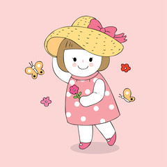 Cartoon cute girl and butterfly vector.