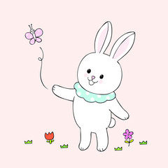 Cartoon cute rabbit and butterfly vector.