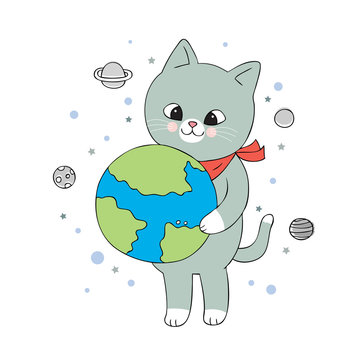 Cartoon Cute Cat And Planet Vector.