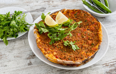 Turkish foods; Turkish pizza (Lahmacun)