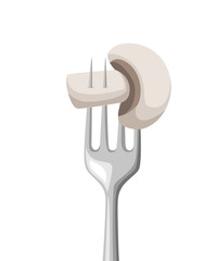 Food on fork. Champignon mushroom on stainless steel fork. Flat vector illustration isolated on white background