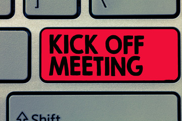 Writing note showing Kick Off Meeting. Business photo showcasing getting fired from your team private talking about company.