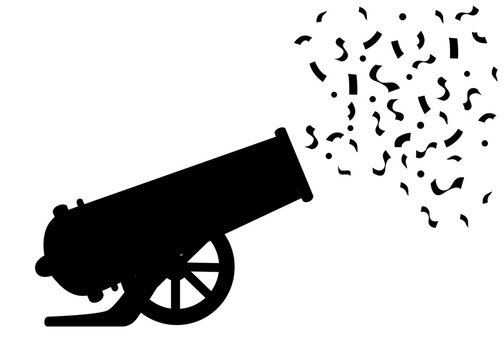 Black silhouette. Ancient cannon shots confetti. Circus cannon. Flat vector illustrator isolated on white background