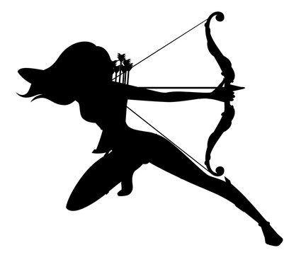 Black silhouette. Female archer. Wooden quiver. Medieval and fantasy weapon. Flat vector illustration isolated on white background