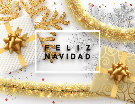 Spanish text Feliz Navidad. Christmas background. Design illustration golden bright decorations, shining sparkles of snowflakes, gift box, gold tinsel and light garland. Xmas card vector