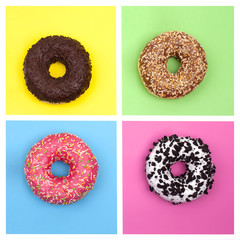 Four different donuts on a bright background top view